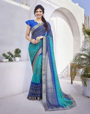 YASHIKA Printed Bollywood Georgette, Lace Saree(Blue)