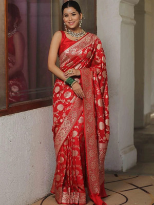 Rudr Ventures Embroidered Banarasi Silk Blend Saree(Red)