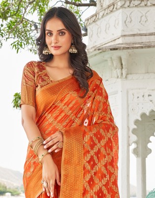 Samah Self Design, Woven, Embellished Kanjivaram Jacquard, Cotton Silk Saree(Orange)