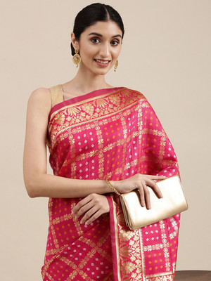 Tasrika Self Design Bandhani Silk Blend Saree(Pink)