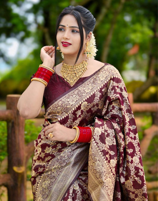 Samah Woven, Embellished Banarasi Jacquard, Silk Blend Saree(Maroon, Gold)