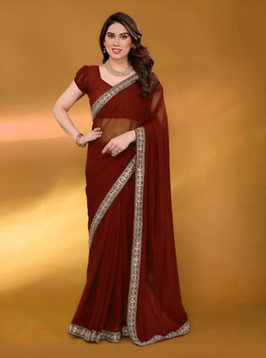 Labheshwari Solid/Plain, Embroidered Daily Wear Georgette Saree(Maroon)