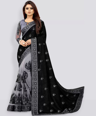 hesika Embellished Bollywood Tissue, Pure Silk Saree(Black, Grey)