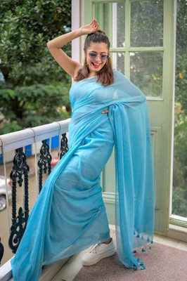 GOLU Solid/Plain Handloom Cotton Blend Saree(Light Blue)