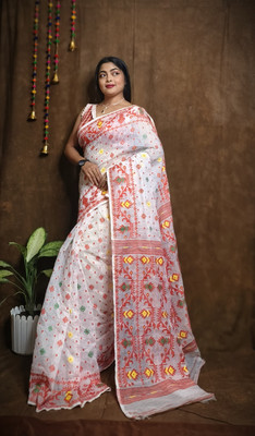 binita Self Design Handloom Cotton Blend Saree(White)