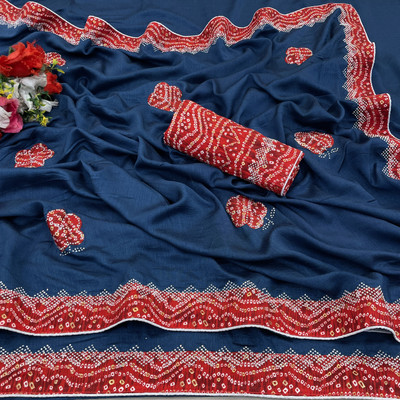 CHAMUNDA CREATION Embroidered Bollywood Silk Blend Saree(Dark Blue)
