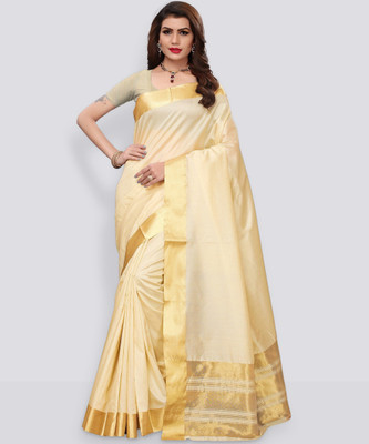 FABFIZA Solid/Plain Kasavu Cotton Silk Saree(Cream)