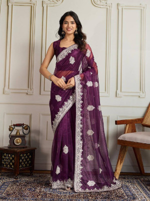 VRLOOKMEFASHION Embroidered Bollywood Net Saree(Pack of 2, Purple)