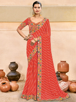 Sareemall Self Design Bandhani Georgette Saree(Orange)