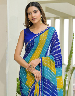 Satrani Printed, Embellished, Embroidered Leheria Georgette Saree(Blue, Multicolor)