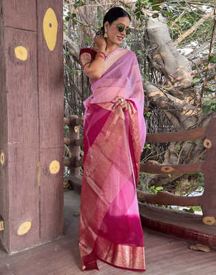 KOTHARI LGF Solid/Plain Bandhani Organza Saree(Magenta)