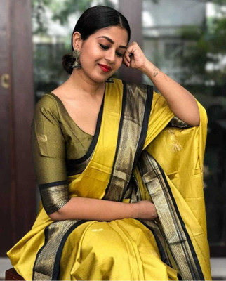 supalee tex Woven Paithani Cotton Silk Saree(Mustard)