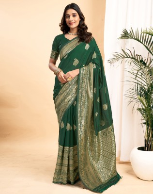 SIRIL Woven, Embellished Kanjivaram Silk Blend, Jacquard Saree(Dark Green)