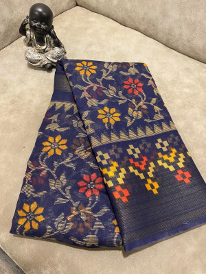 Hanvi Creation Floral Print Patola Cotton Blend Saree(Dark Blue)