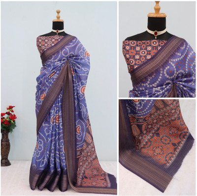 Febo Fashion Printed Banarasi Silk Blend Saree(Blue)