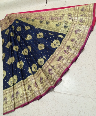 aksham silk saree Self Design Banarasi Pure Silk Saree(Dark Blue)