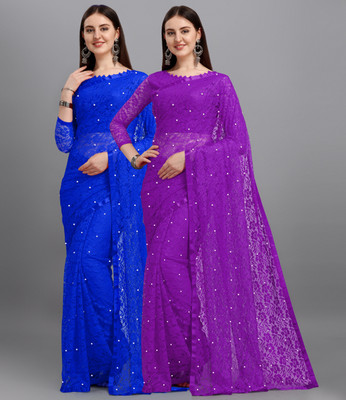 LOROFY Self Design Bollywood Net Saree(Pack of 2, Purple, Blue)