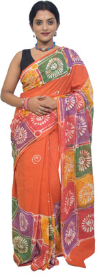 KheyaliBoutique Hand Painted Hand Batik Pure Cotton Saree(Orange)