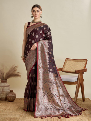 all about you Woven Bollywood Cotton Silk Saree(Purple)