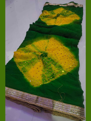 NeeLKANTH ENTERPRISE Self Design, Hand Painted, Blocked Printed, Geometric Print, Polka Print Bandhani Chiffon Saree(Green)