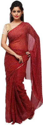 TMT HUB Printed Bandhani Chiffon Saree(Maroon)