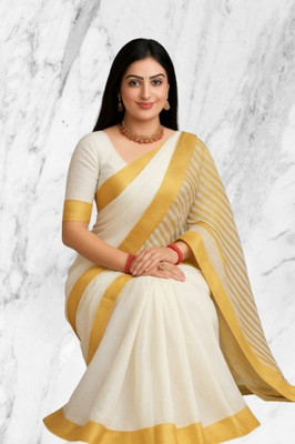 SHRISAREEESa Striped Bollywood Pure Cotton Saree(White)