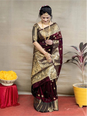 HouseOfCommon Woven Kanjivaram Pure Silk, Art Silk Saree(Maroon)