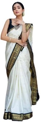 frenzy design Woven, Self Design Banarasi Jacquard, Art Silk Saree(White)