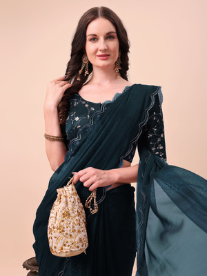 Vastramela Embroidered Bollywood Chiffon Saree(Blue)