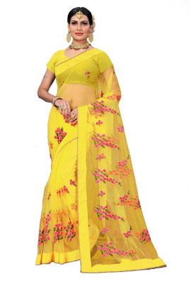 PATLANI STYLE Embroidered Bollywood Net Saree(Yellow)