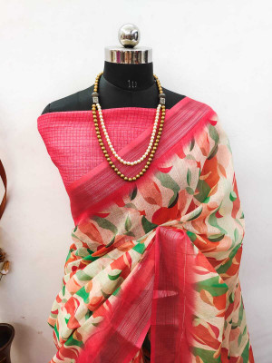 MAANVIT Woven Kanjivaram Linen, Cotton Linen Saree(Red)