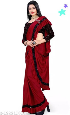 PLEXSTAR Self Design, Checkered, Solid/Plain Bollywood Lycra Blend Saree(Maroon)