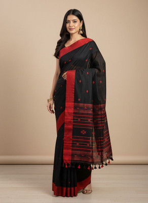 Fabloom Woven, Striped, Geometric Print Handloom Handloom Khadi, Cotton Blend Saree(Black, Red)