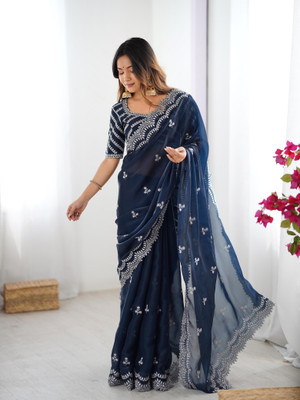 Sajavat Embroidered, Embellished, Woven Bollywood Jimmy choo Saree(Dark Blue)