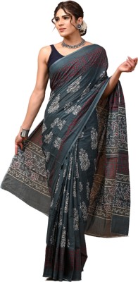 Crafts Moda Floral Print Handloom Pure Cotton Saree(Grey)