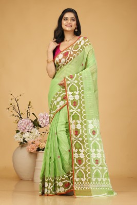 Bong ButiQ Woven Jamdani Cotton Blend Saree(Green)