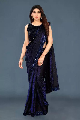 HarmishFashion Self Design Bollywood Lycra Blend Saree(Blue)