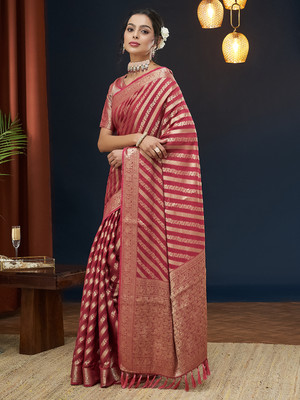 AKSHAR PATRON ENTERPRISE Striped Banarasi Georgette Saree(Pink)