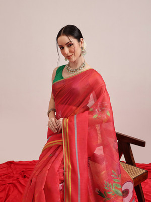 SILK ZONE Digital Print Chanderi Cotton Blend Saree(Red)