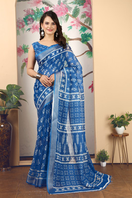 Handsel Printed Bollywood Cotton Linen, Linen Saree(Blue)