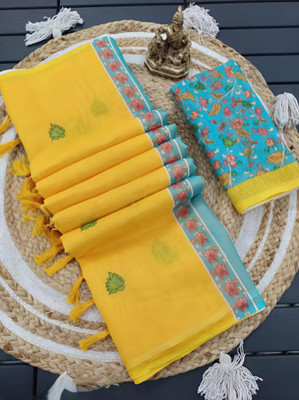 Marabout Printed Bollywood Cotton Linen Saree(Yellow, Light Blue)