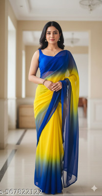 KEE Color Block Bollywood Georgette Saree(Yellow, Blue)