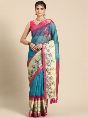 Divastri Floral Print Kanjivaram Silk Blend Saree(Light Blue)