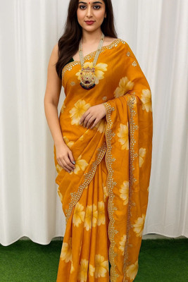 Putravadhu sarees Floral Print Bollywood Chiffon Saree(Yellow)