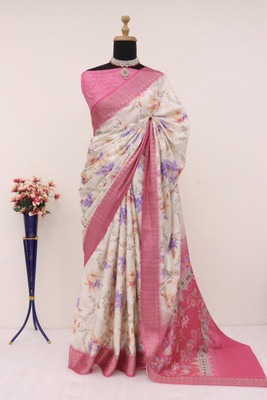 Laxmi Fashion Printed, Floral Print Assam Silk Jacquard, Cotton Silk Saree(Pink, Multicolor)