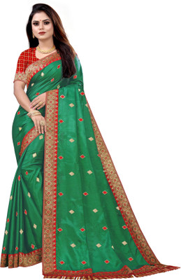 GRIMLOCK Embroidered Bollywood Silk Blend Saree(Green)