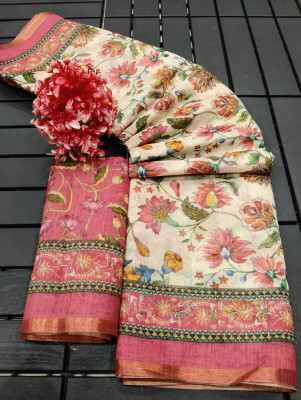 AARAANA Woven, Self Design, Geometric Print Kanjivaram Linen Saree(Cream)