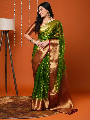 Tasrika Embellished Banarasi Organza Saree(Green)