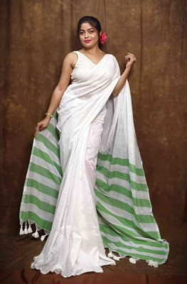 MJ TEXTILE Solid/Plain Handloom Khadi, Pure Cotton Saree(White, Green)