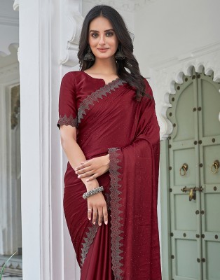 Satrani Embroidered, Embellished Bollywood Satin Saree(Maroon)